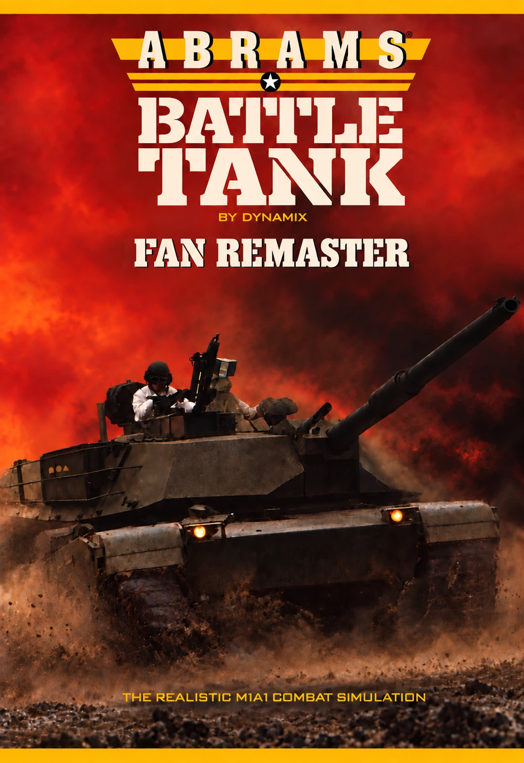 Remastered Abrams Battle Tank box art: an M1 tank charges through a fiery landscape, beneath the original title, by Dynamix and Fan Remaster.