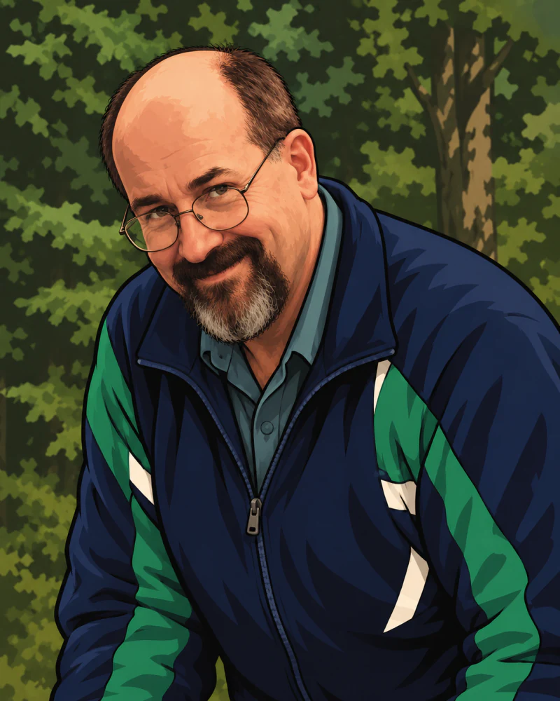 Illustrated portrait of David “Ming” Kenny, smiling over his glasses, in a navy and green jacket among trees.